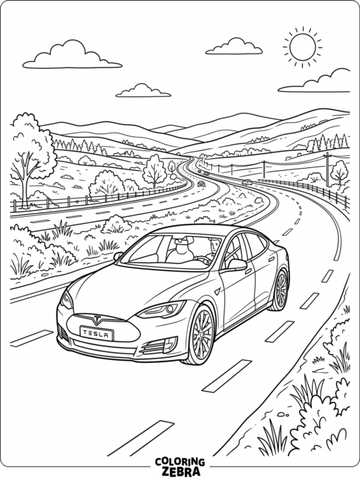 A Tesla on a highway with lane lines and hills