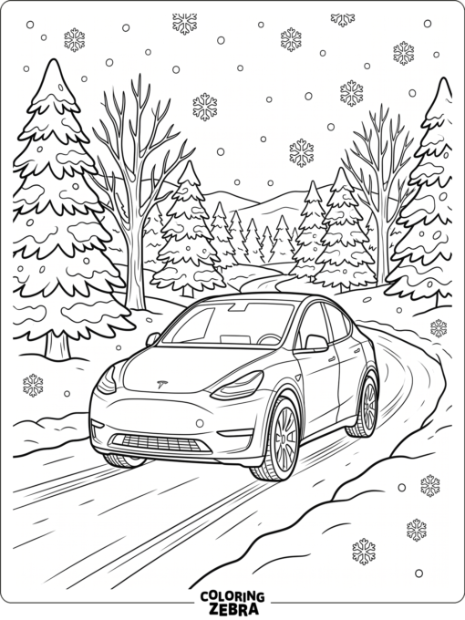A Tesla driving in snow near pine trees