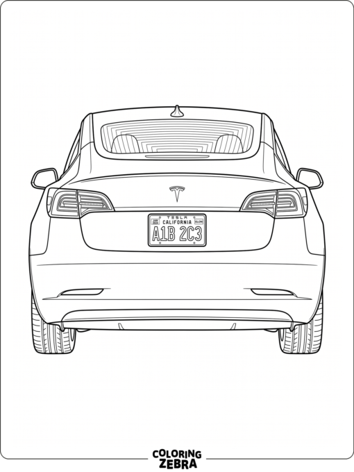 A rear view of a Tesla with taillights and a plate
