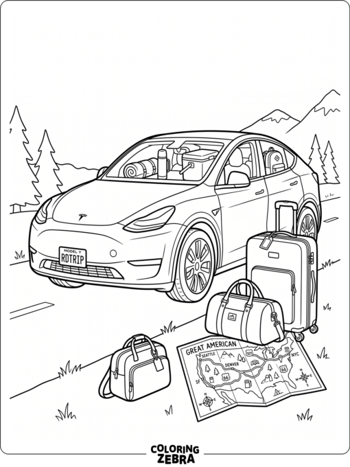 A Tesla loaded for a road trip with bags and a map