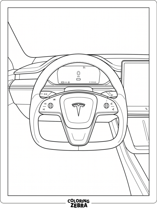A Tesla steering wheel and dashboard view