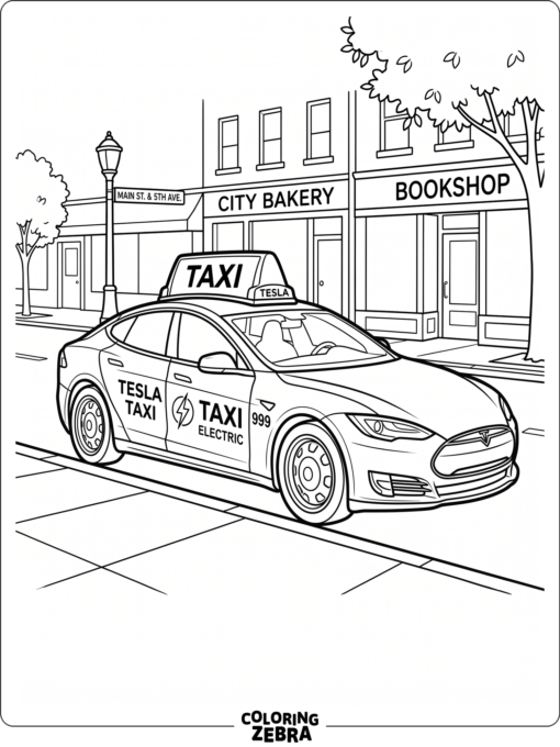 A Tesla taxi with a roof sign by the curb