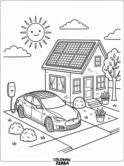 A Tesla parked near a house with solar panels