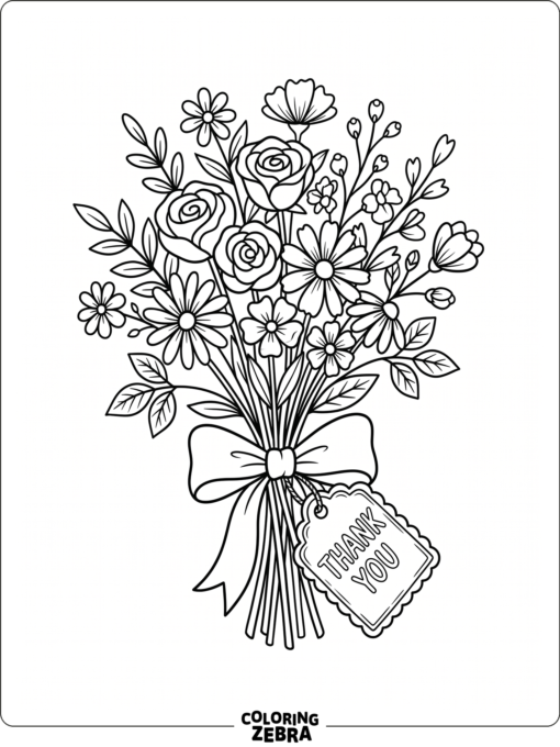 A bouquet of flowers with a thank you tag