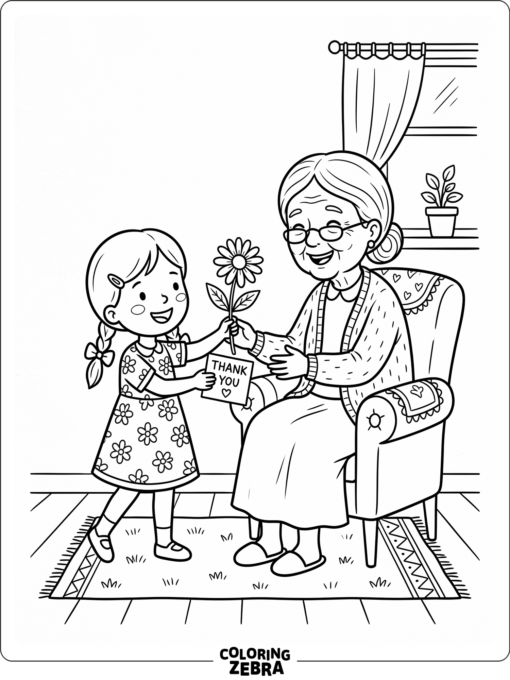 Girl gives grandma a flower and a thank you note