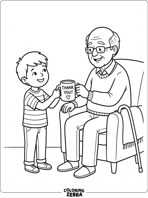Boy gives grandpa a mug with a thank you message