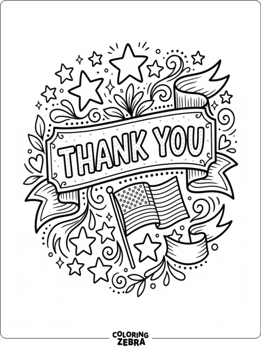 Thank you sign with stars, ribbon, and a small flag