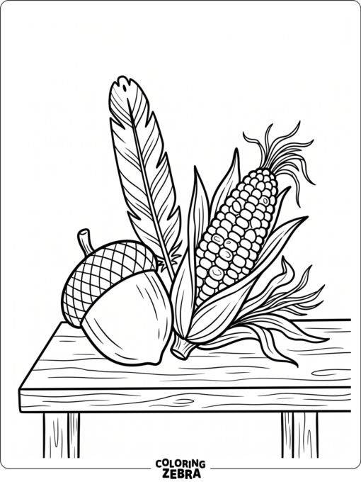 An acorn with a turkey feather and harvest corn