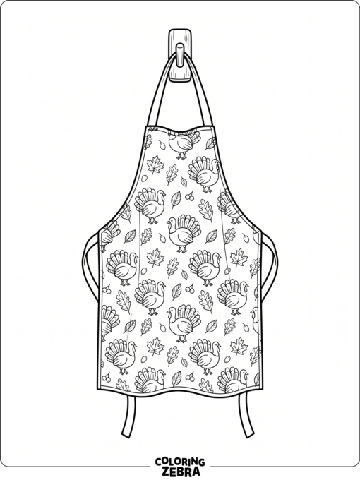 An apron with a turkey and leaf pattern hanging on a hook