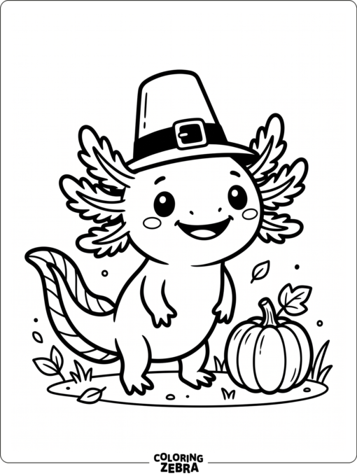 A cute axolotl in a pilgrim hat beside a tiny pumpkin