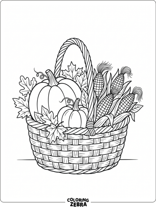 A harvest basket packed with fall produce and leaves
