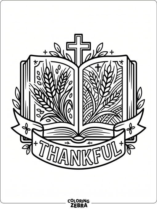 An open Bible with wheat and a thankful banner