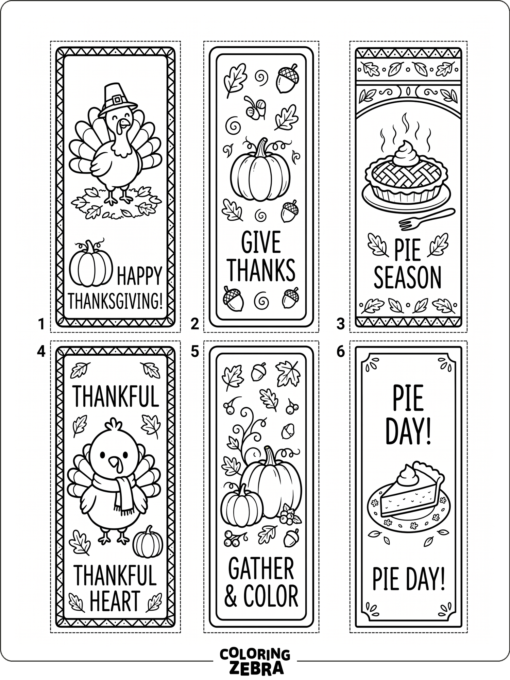Four Thanksgiving bookmarks with turkeys, pumpkins, and pie slices