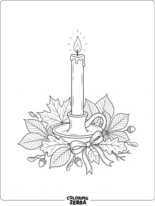 A candle surrounded by autumn leaves and a ribbon
