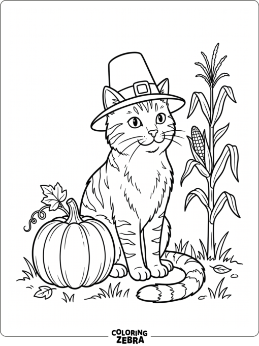 A cat in a pilgrim hat beside a pumpkin