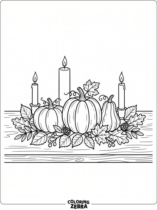 A table centerpiece with pumpkins and candles