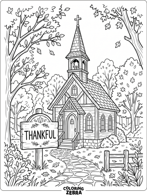 A small church with autumn trees and a thankful sign