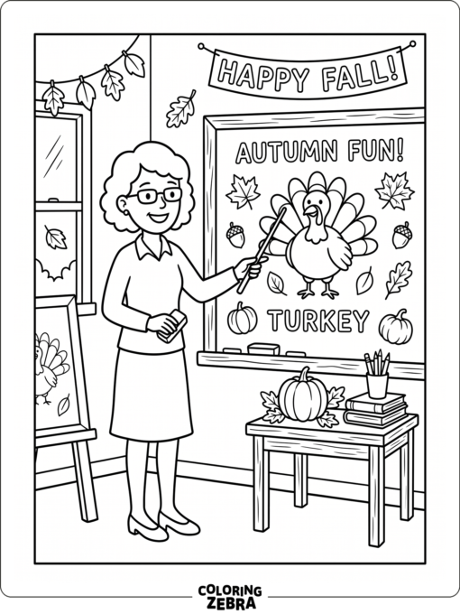 Teacher standing by a chalkboard with turkey art