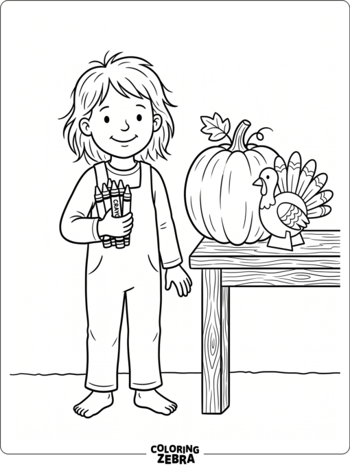 A child coloring a pumpkin and paper turkey