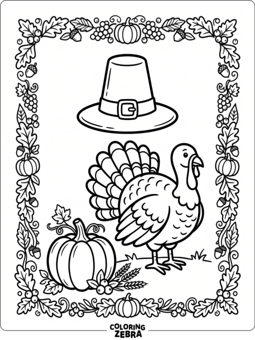 Pilgrim hat, turkey, and pumpkin in a simple harvest scene
