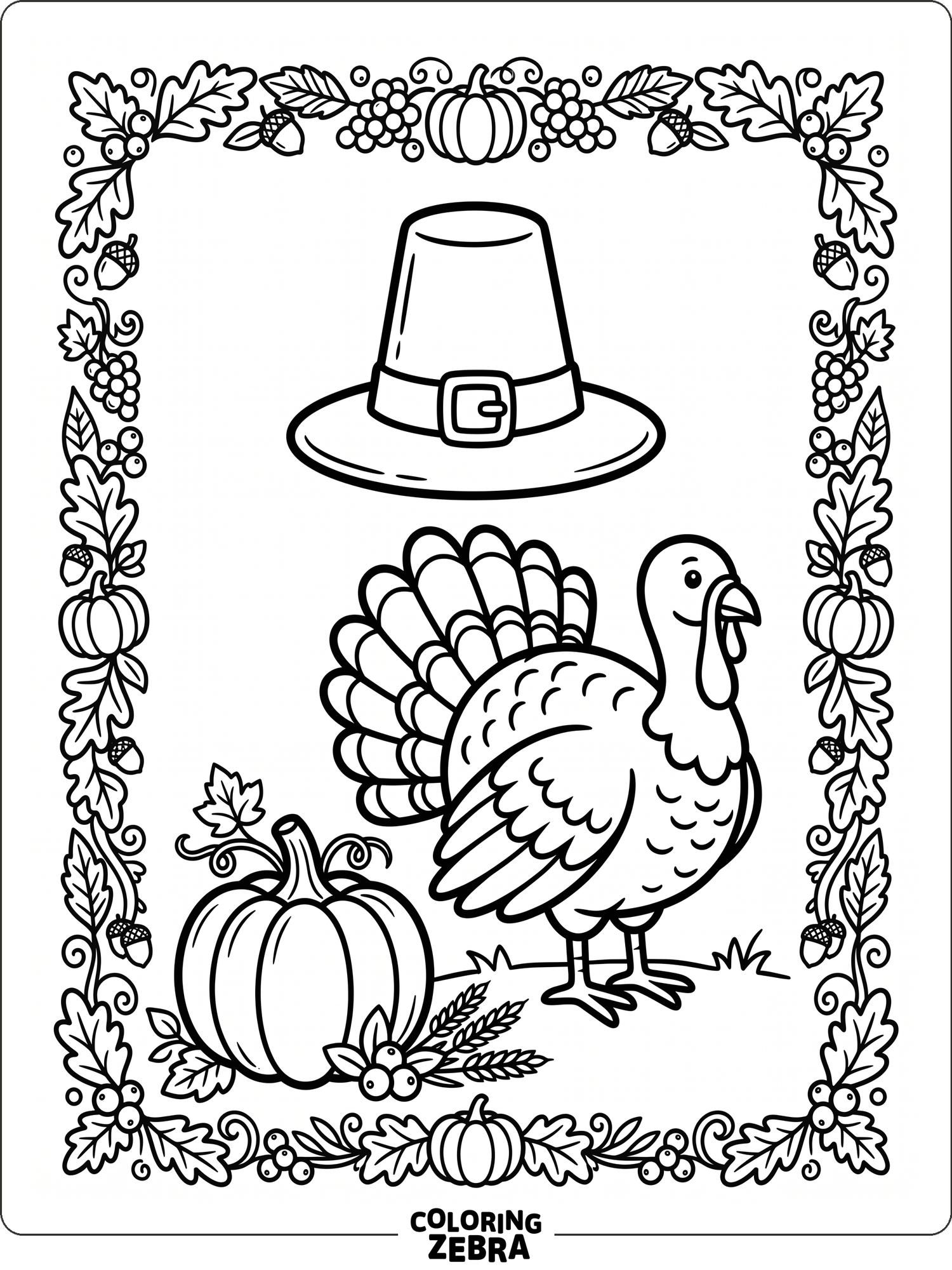 Pilgrim hat, turkey, and pumpkin in a simple harvest scene