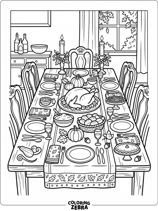 An ornate Thanksgiving feast table with turkey and candles