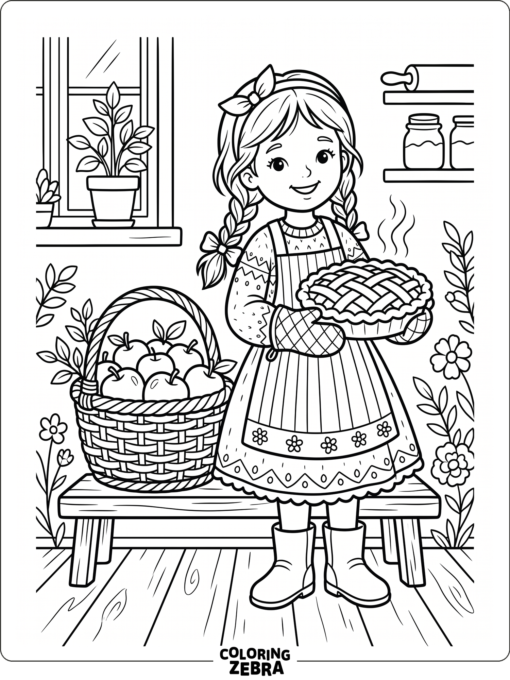 A girl holding a pie beside a basket of apples