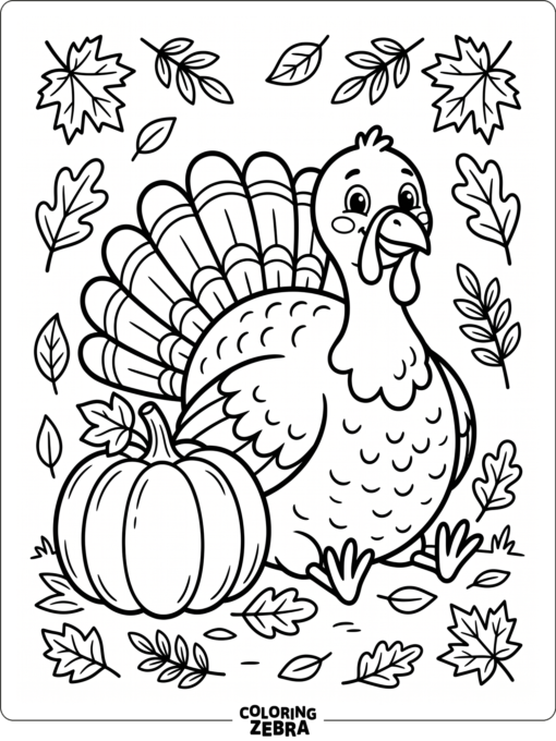 A friendly turkey beside a pumpkin and leaves