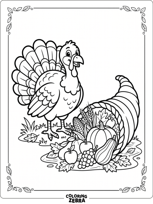 A turkey beside a cornucopia with wide open spaces