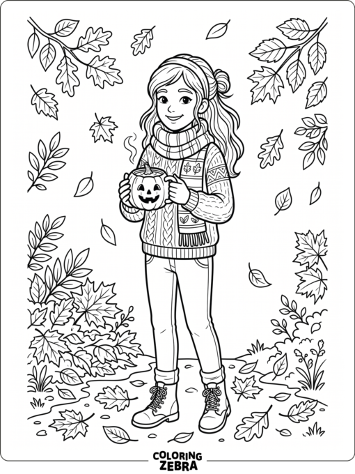 A teen girl holding a pumpkin mug and fall leaves