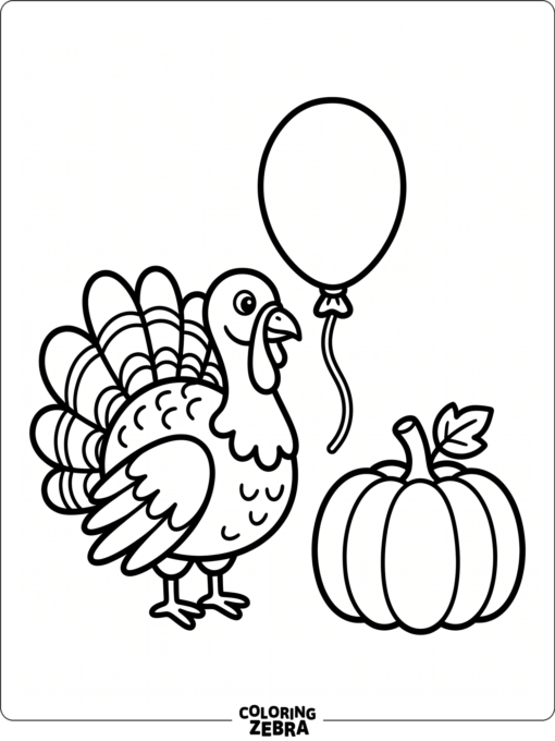 A large turkey with a balloon and pumpkin shapes