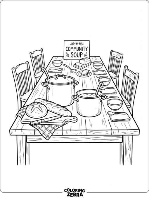 A community meal table with soup pots and bread
