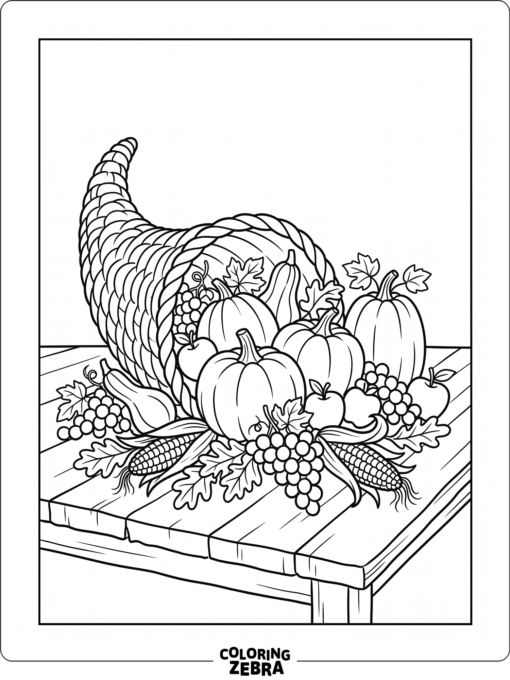 A cornucopia overflowing with pumpkins, grapes, and corn