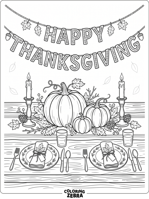 Pumpkin banner, candles, and table decor for Thanksgiving