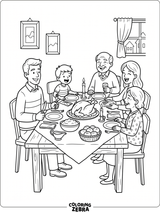 A family dinner table with turkey and side dishes