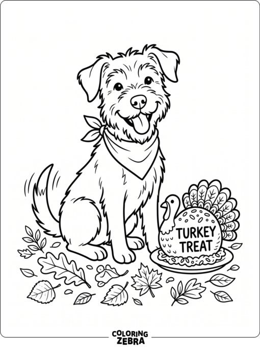 A cheerful dog sitting next to a turkey treat and autumn leaves