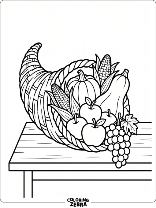 A cornucopia filled with corn, squash, apples, and grapes