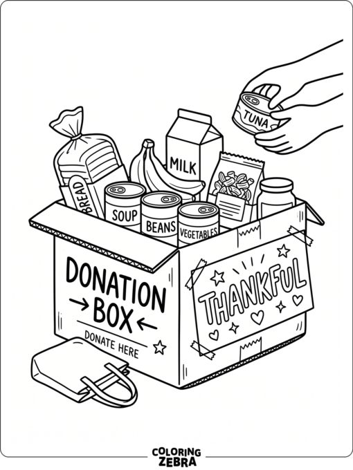 A donation box filled with canned food and bread