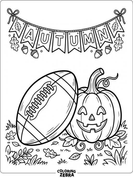 A football beside a pumpkin and a fall banner