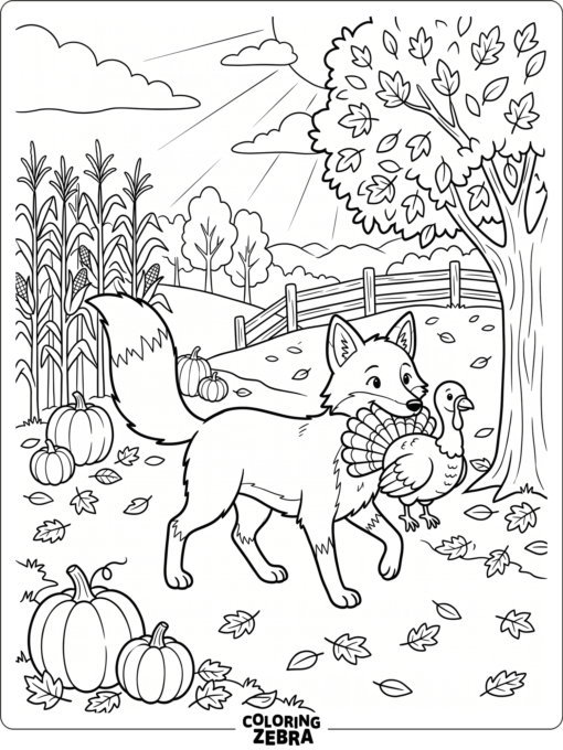 A fox carries a turkey near fall leaves