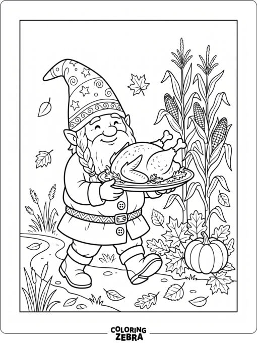 A gnome carrying a turkey platter in fall