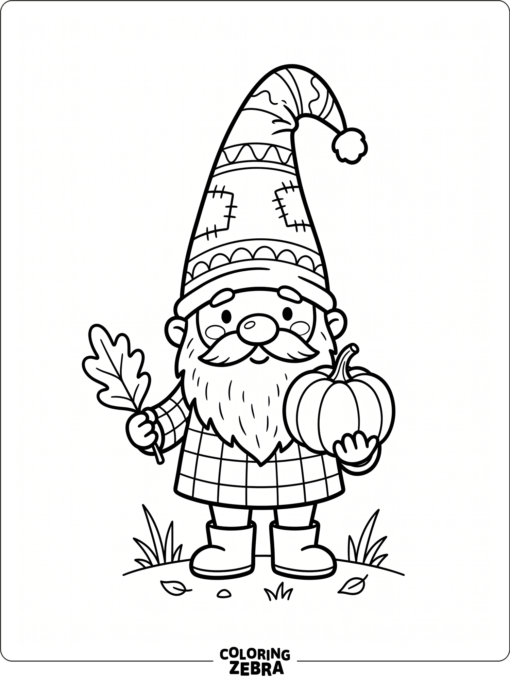 A small gnome holding a pumpkin and leaf