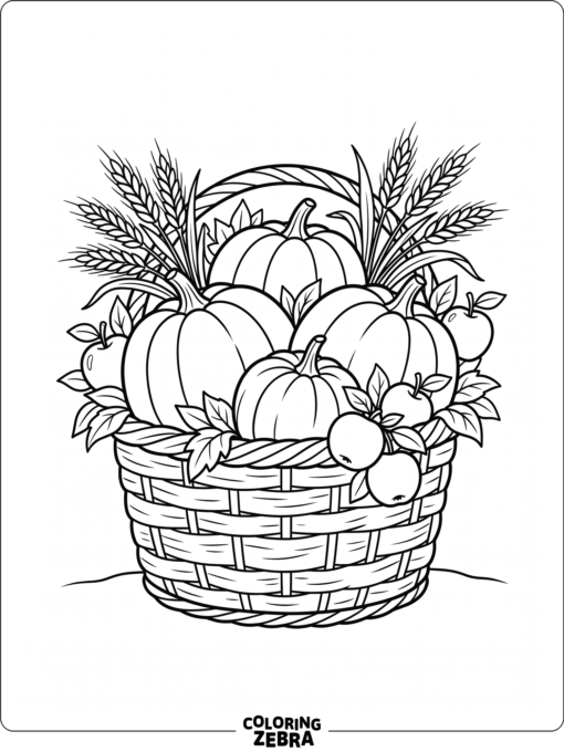 A farm basket overflowing with pumpkins and wheat