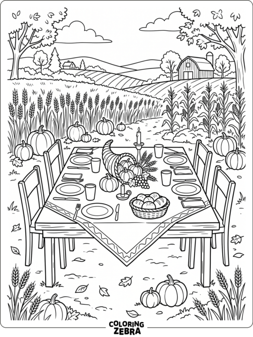 A harvest table with pumpkins, wheat, and fall leaves