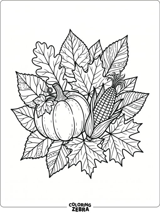 A cluster of Thanksgiving leaves with a pumpkin