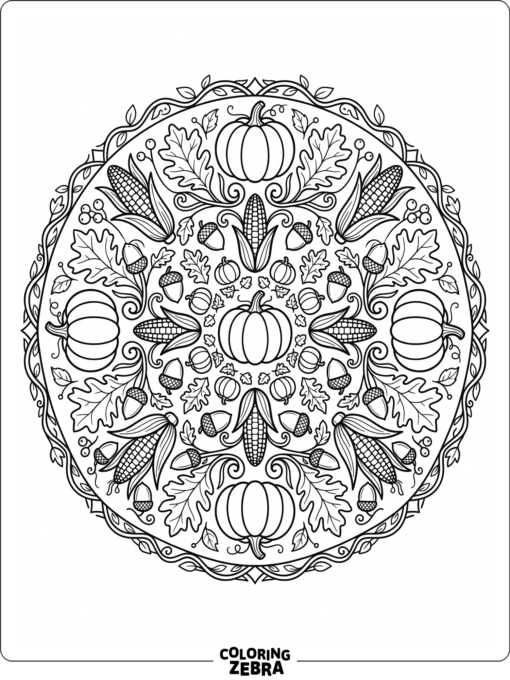 A circular mandala with pumpkins, leaves, corn, and acorns