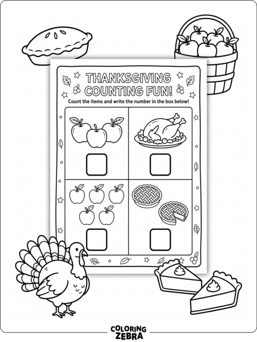 A turkey, pie, and apples on a counting worksheet