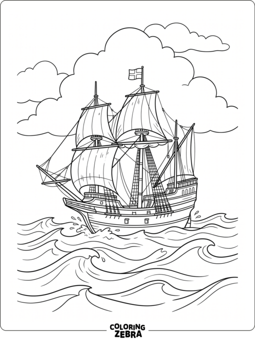 The Mayflower sailing on calm waves