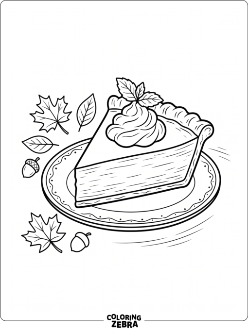A slice of pumpkin pie on a plate with leaves