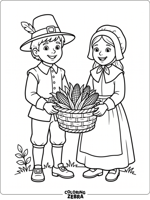 Pilgrim children standing with a basket of corn